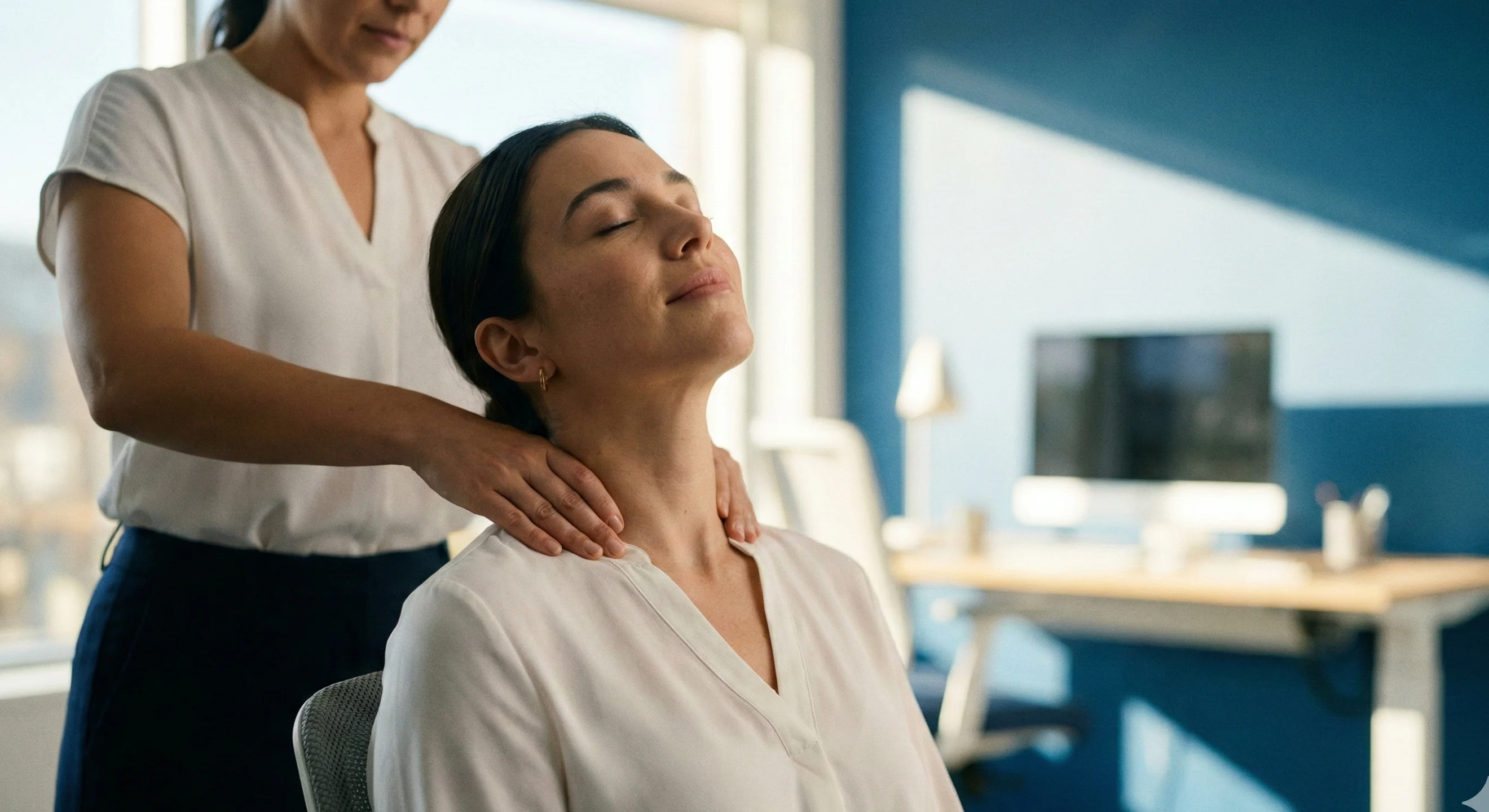 Masaje corporativo para reducir estres laboral en oficina